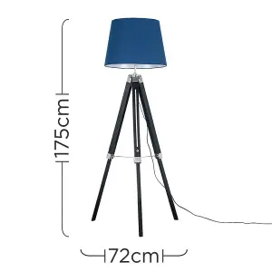 ValueLights Clipper Black Wood and Silver Chrome Tripod Floor Lamp with Navy Blue Tapered Light Shade with 6w LED GLS Bulb