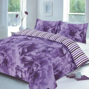 Rose Floral Duvet Cover Set Flowers Reversible Stripe Printed Bedding Set