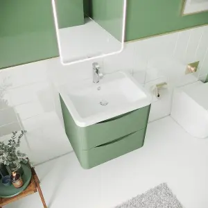 Wall Hung 2 Drawer Vanity Basin Unit with Polymarble Basin, 600mm - Satin Green