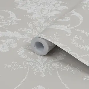 Laura Ashley Josette White & dove grey Damask Smooth Wallpaper Sample