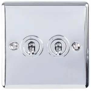 2 Gang Double Retro Toggle Light Switch POLISHED CHROME 10A 2 Way Lever Plate