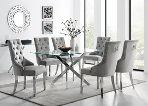 Furniturebox UK Leonardo Glass And Chrome Metal Dining Table And 6 Elephant Grey Belgravia Velvet Knockerback Chairs