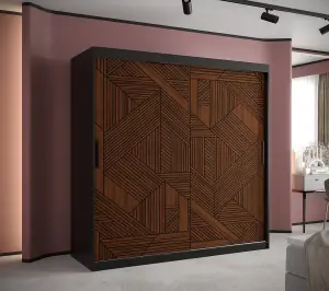 Elegant Marsylia I Sliding Door Wardrobe W1800mm H2000mm D620mm - Black & Dark Walnut, Fully Geometric Design, Ample Storage