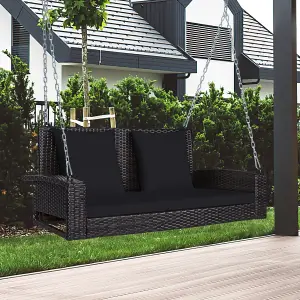 Costway 2-Seat Patio Rattan Porch Swing Loveseat Outdoor Hanging Swing Bench W/ Cushions