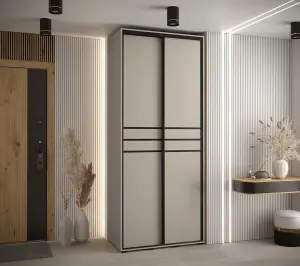 Stylish Cashmere & Black Sliding Door Wardrobe W110cm H235cm D60cm for Compact Spaces