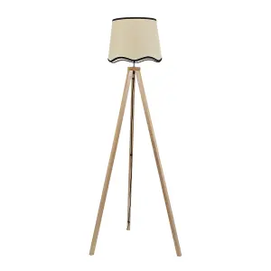 ValueLights Barbro Light Wood Tripod Floor Lamp with Natural Linen Scallop Black Edge Shade