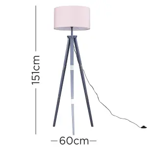 ValueLights Willow Large Grey Wood & Metal Tripod Design Floor Lamp with Pink Shade Complete with 6w LED GLS Bulb In Warm White