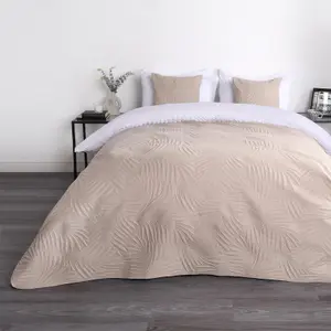 Leaf Pinsonic Throw Over Bed Blanket Quilted Bedspread, Beige - 150 x 200cm