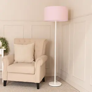 ValueLights Charles White Metal Single Stem Floor Lamp with Blush Pink Drum Lamp Shade