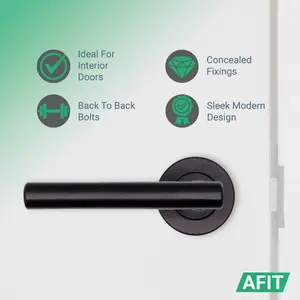 AFIT Matt Black Internal Door Handle - 4 Pairs Matt Black Lever on Rose Round T-Bar Handles- Olvera Range