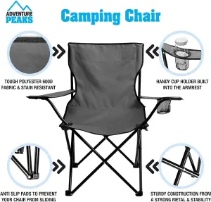 Set of 2 BLACK Folding Camping Chair With Armrest, Drink Holder & Carry Bag