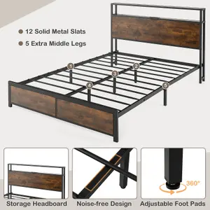 Costway King Size Bed Frame Metal Bed Platform LED Lights Headboard & 4 Storage Drawers