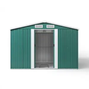 8 x 6 ft Metal Shed Garden Storage Shed Apex Roof Double Door with Base Foundation,Dark Green