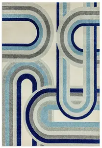 Retro Blue Geometric Modern Jute Backing Machine Made Rug for Living Room Bedroom and Dining Room-160cm X 230cm