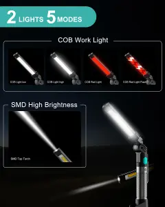 KOOLITE Rechargeable LED Work Light Battery Powered Inspection lamp rotating and foldable light COB 5 modes magnetic