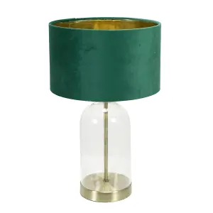 ValueLights Jessy Glass with Gold Trim Table Lamp with Forest Green Velvet with Gold Inner Lamp Shade