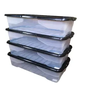 4 x 42L Clear Under Bed Storage Box with Black Lid, Stackable and Nestable Design Storage Solution