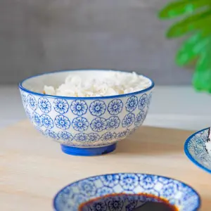 Nicola Spring Hand-Printed Rice Bowl - Japanese Style Porcelain Ramen Dessert Crockery - 12cm - Navy