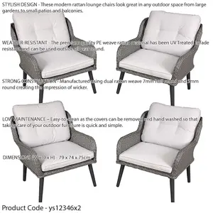 Stylish 4 Pack Outdoor Dining Armchairs with Cushions in Grey Rattan Wicker