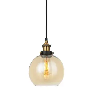 Luminosa Industrial And Retro Hanging Pendant Black, Gold 1 Light  with Amber Shade, E27 Dimmable