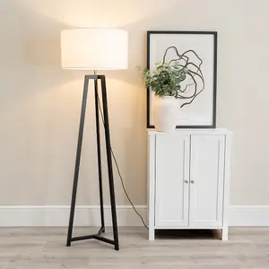 ValueLights Lottie Black Wood Tripod Floor Lamp with White Drum Shade