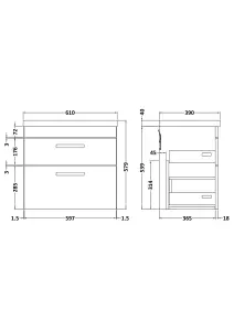 Rio 2 Drawer Wall Hung Vanity Basin Unit - 600mm - Gloss White with Black D Handles (Tap Not Included) - Balterley