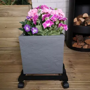 Pack of 2 35cm Black Square Wooden Garden Plant Pot Flower Trolley Stand On Wheels