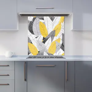 Yellow Grey Feather Leaves Premium Glass Kitchen Splashback W600mm x H650mm