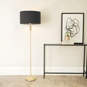 ValueLights Maggie Gold Metal Candlestick Floor Lamp with Charcoal Fabric Lamp Shade and LED Bulb