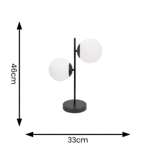 ValueLights Jas Black 2 Way Table Lamp with White Frosted Glass Globe Shades - LED Bulbs Included