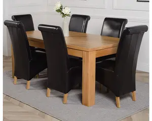 Dakota 182 x 92 cm Chunky Oak Large Dining Table and 6 Chairs Dining Set with Montana Black Leather Chairs