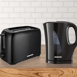 Daewoo Black Essentials Matching White 6 Setting 2 Slice Toaster and Kettle Set 1.7 Litre Easy Clean Cordless Jug with Filter