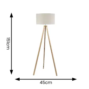 ValueLights Barbro Wooden Tripod Floor Lamp with Natural Linen with White Trim Drum Shade and LED Bulb