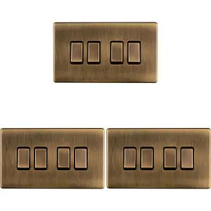 3 PACK 4 Gang Quad Light Switch SCREWLESS ANTIQUE BRASS 2 Way 10A Slim Rocker