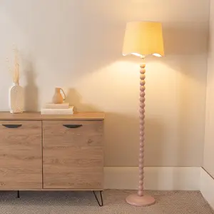 ValueLights Bobbins Painted Rose Floor Lamp with Linen Scallop White Trim Shade and LED Bulb