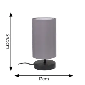 ValueLights Francis Pair - Matt Black Cylinder Touch Dimmer Table Lamp with Grey Fabric Shade Bedside Light