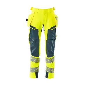 Mascot Accelerate Safe Trousers with Holster Pockets - Hi-Vis Yellow/Dark Petroleum   (40.5) (Leg Length - Short)