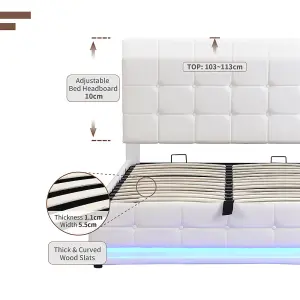 Ottoman Lift Storage Bed with LED Lighting, PU Faux Leather Upholstered 4ft6 Double Size Bed Frame(Without Mattress, White)