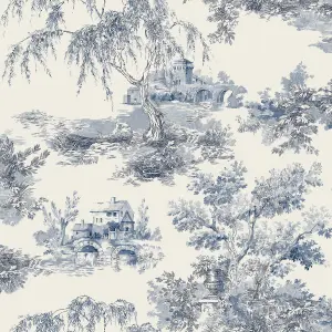 Grandeco French Vintage Toile Trees Smooth Wallpaper, Blue