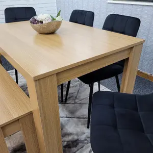 Dining Table and 4 Chairs With Bench Oak Effect Wood 4 Black Velvet  Chairs Dining Room