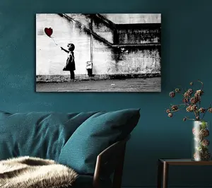 Red Heart Balloon Girl Canvas Print Wall Art - Medium 20 x 32 Inches