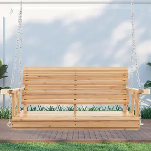 Costway 2-Person Porch Hanging Swing Chair Wooden Garden Swing Bench W/ Cup Holders