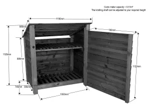 Wooden log store (roof sloping back) with door and kindling shelf W-119cm, H-126cm, D-88cm - brown finish