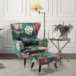 Fabric Green Patchwork Victoria Accent Wingback Chair with Footstool