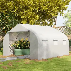 Outsunny Walk-In Polytunnel Greenhouse w/ Roll Up Door Windows, 3.5x3x2 m White