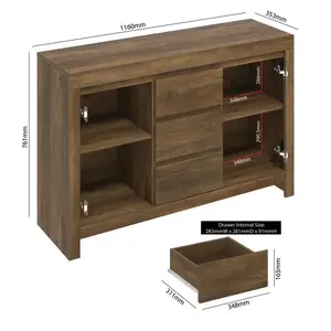 Ellani Cubbot 116Cm Wide 2 Door 3 Drawer Sideboard Knotty Oak