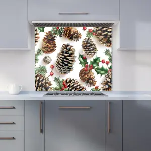 Holiday Pine Cones and Berries Premium Glass Kitchen Splashback W700mm x H650mm