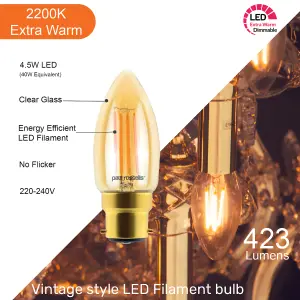 paul russells LED Filament Dimmable Candle Bulb, BC B22, 4.5W 423 Lumens, 40w Equivalent, 2200K Extra Warm White Amber, Pack of 3