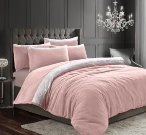 Velosso Plain Teddy Warm And Cosy Duvet Cover And Pillowcase Set - Pink