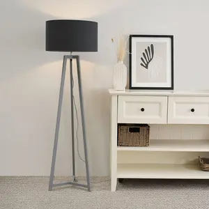 ValueLights Lottie Grey Wood Tripod Floor Lamp with Charcoal Grey Drum Shade